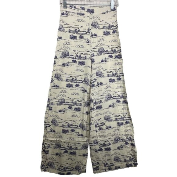 Nasty Gal Womens Pants Sz 4 Ivory/Blue Toile de Jouy Wide-Leg Palazzo Pull-On - Picture 1 of 10